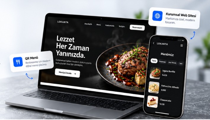 Restoran web sitesi ve QR menü örnek cihaz görünümü